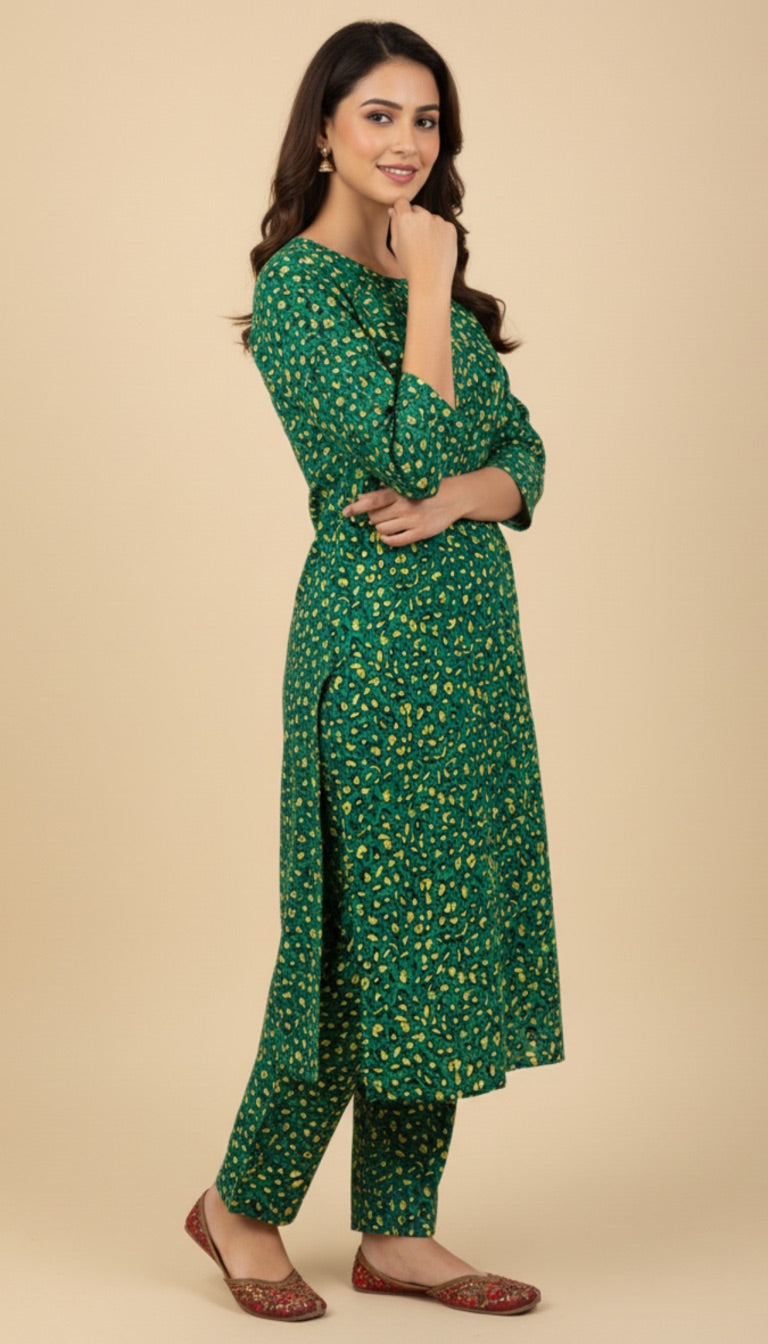 Green Yellow Micro Print Khaddar 2PC Coord Suit | SuitsMeUK