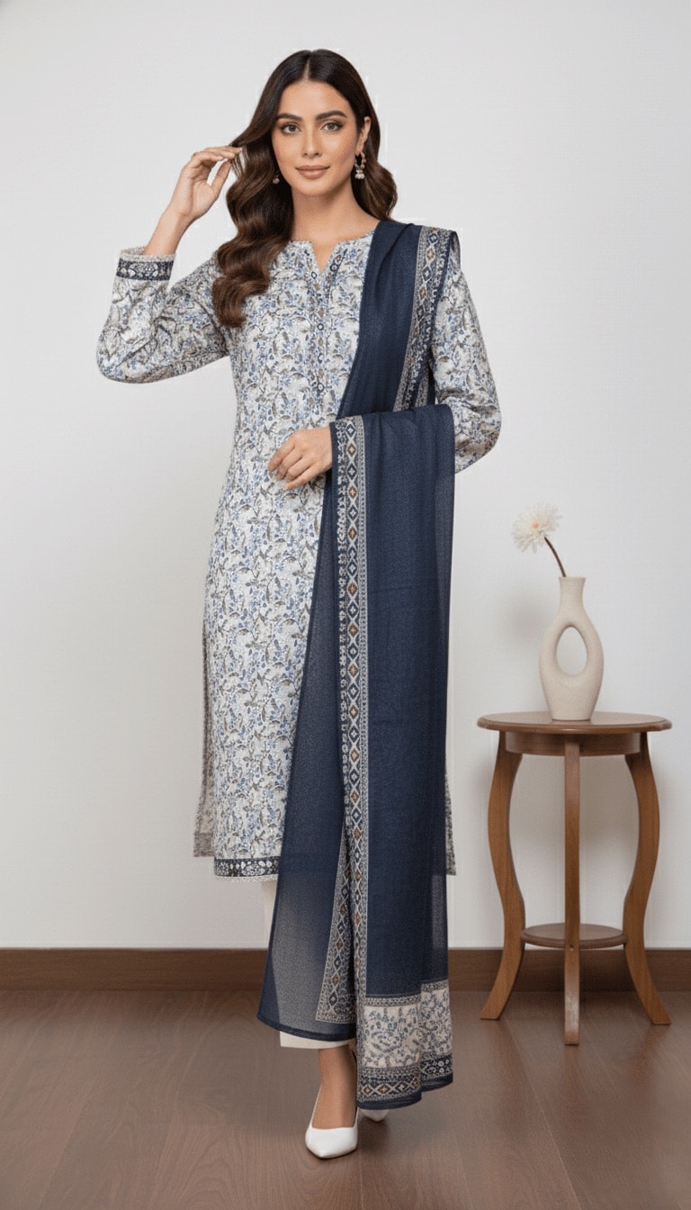 Binsaeed Grey Blue Floral Print Khaddar 3PC Suit with Shawl | SuitsMeUK