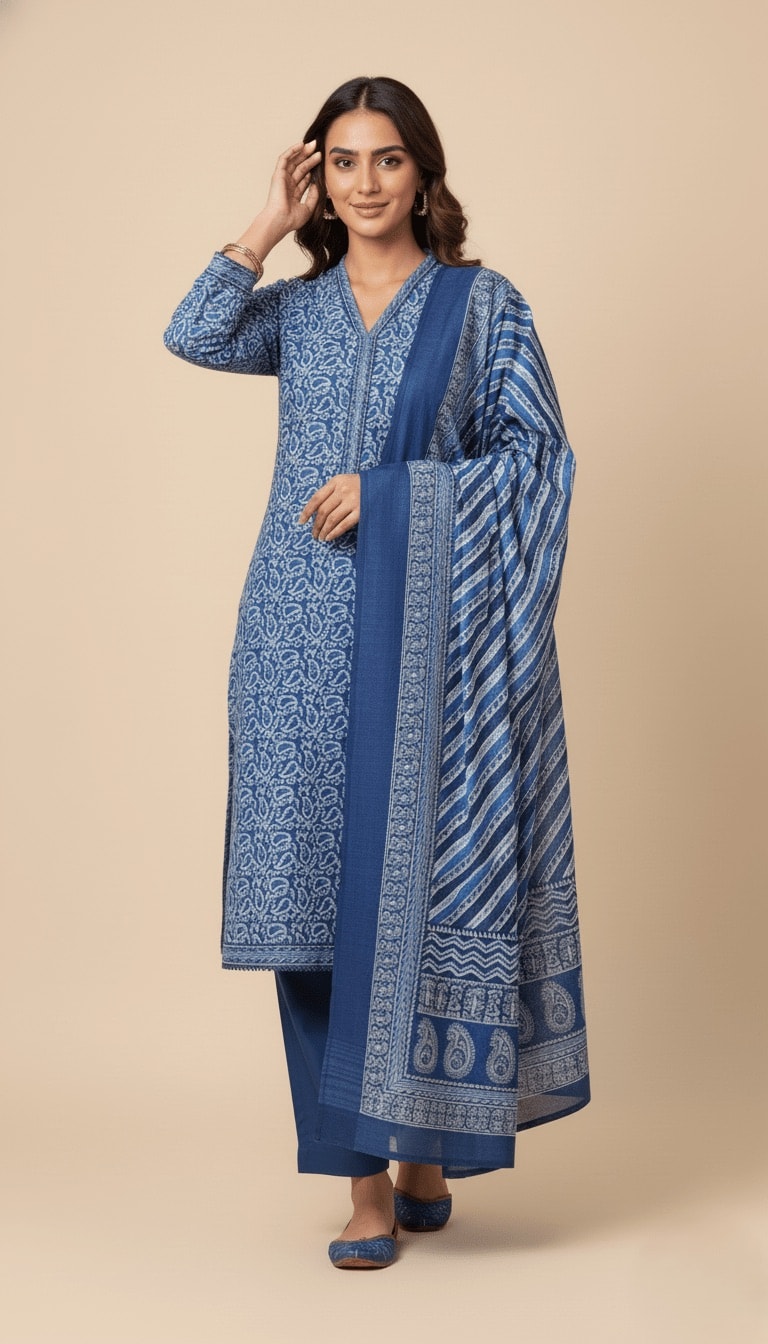 Binsaeed Indigo Blue Block Print Khaddar 3PC Suit with Shawl | SuitsMeUK