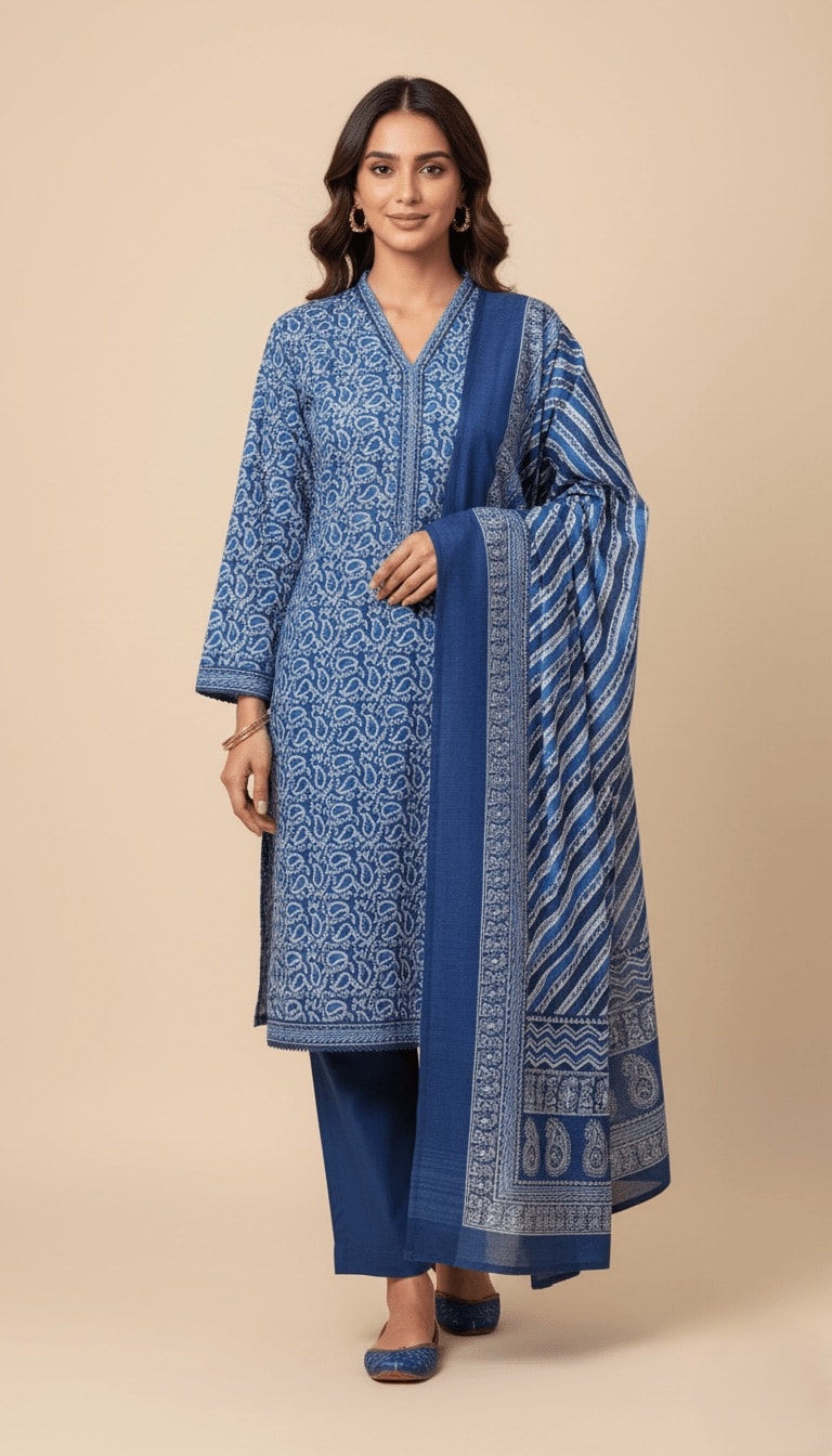 Binsaeed Indigo Blue Block Print Khaddar 3PC Suit with Shawl | SuitsMeUK