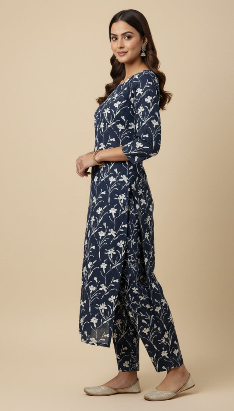 Khaddar Floral Print Midnight Blue 2-Piece Kurta Suit Set | SuitsMeUK
