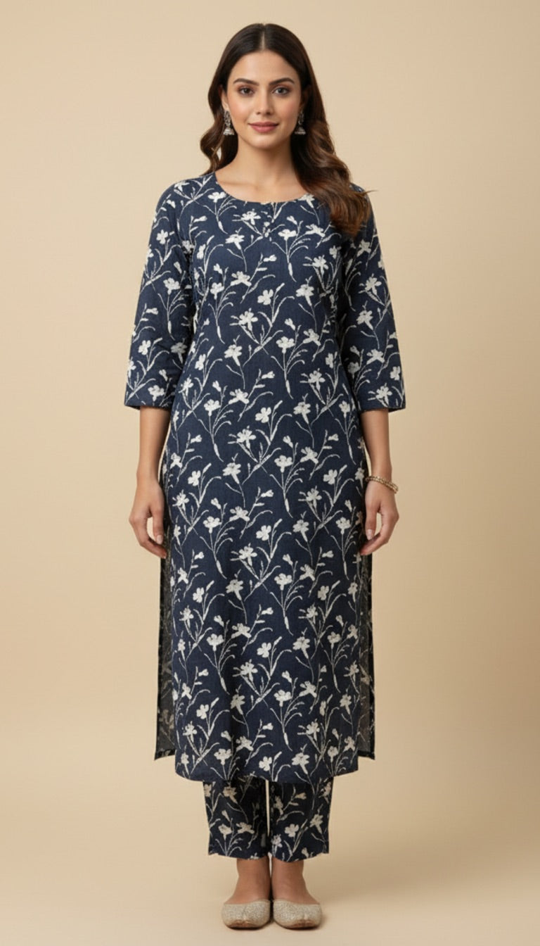 Khaddar Floral Print Midnight Blue 2-Piece Kurta Suit Set | SuitsMeUK