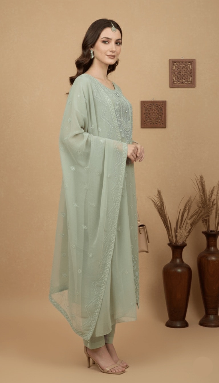 Laila Mint Green Embroidered Georgette 3-Piece Suit