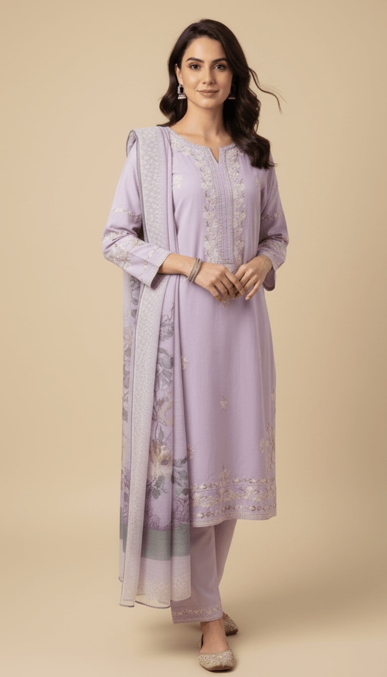 Lavender Bloom Cotton Embroidered 3-Piece Trouser Suit