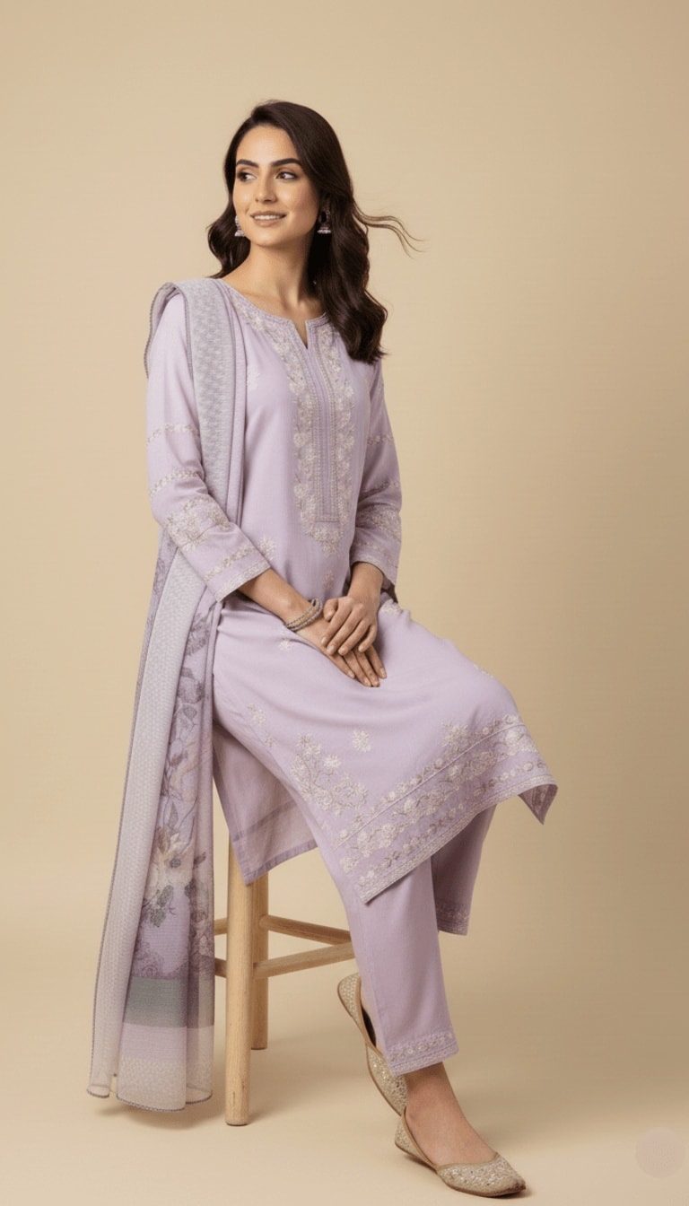 Lavender Bloom Cotton Embroidered 3-Piece Trouser Suit