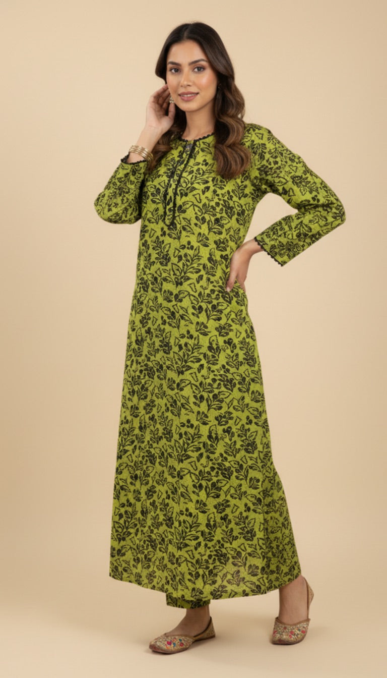 Lime Green Khaddar Floral Print 2PC Coord Suit | SuitsMeUK