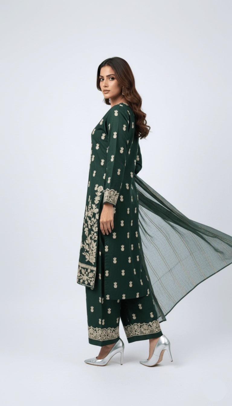 Emerald Cream Traditional Embroidered Linen 3-Piece Plazo Suit