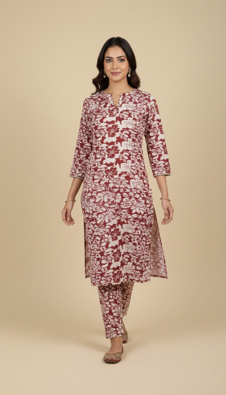 Maroon & Off-White Khaddar Floral Print 2PC Coord Suit | SuitsMeUK