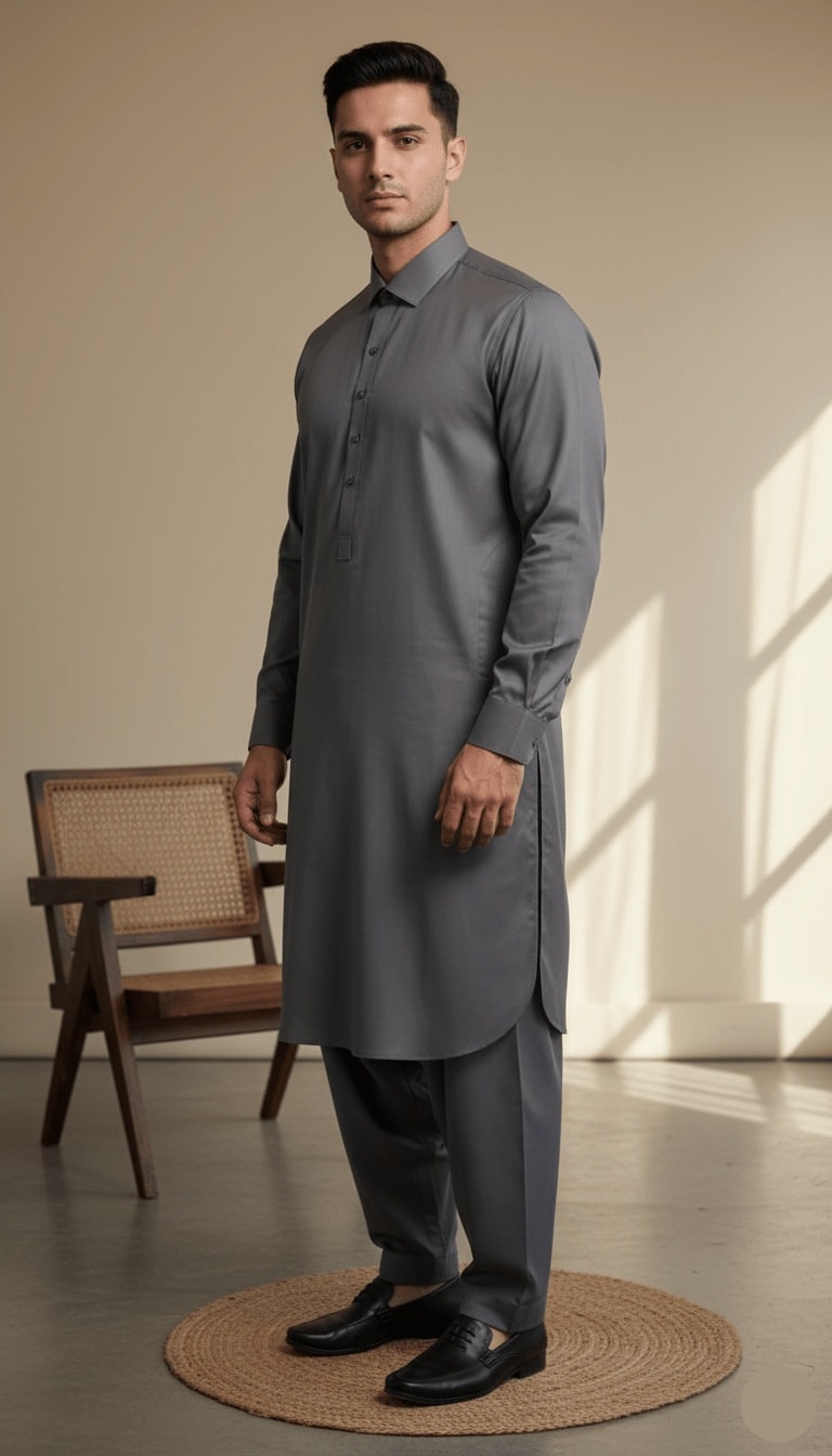 Men's Classic Charcoal Grey Solid Kameez Shalwar 2-Piece Suit
