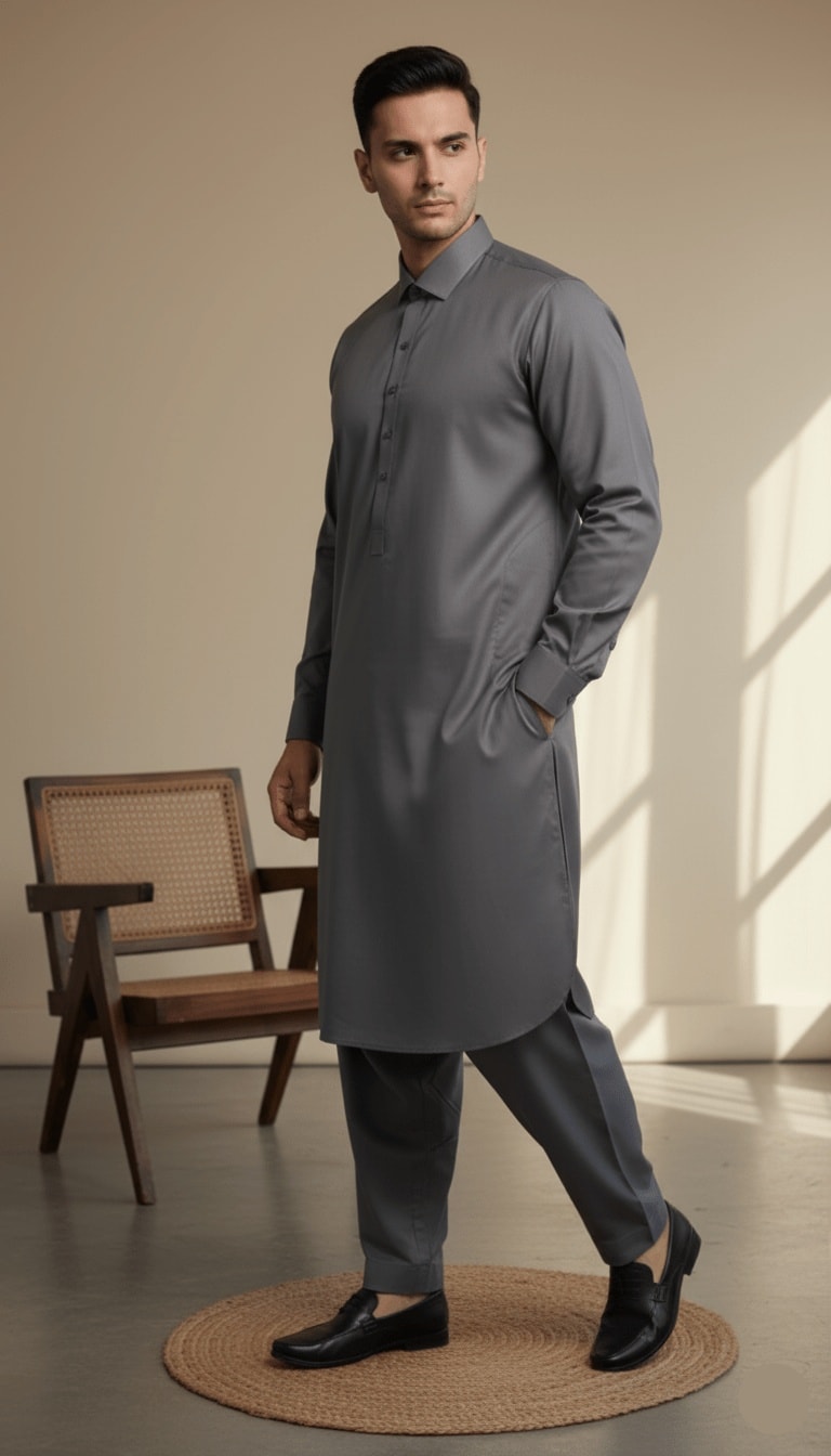 Men's Classic Charcoal Grey Solid Kameez Shalwar 2-Piece Suit
