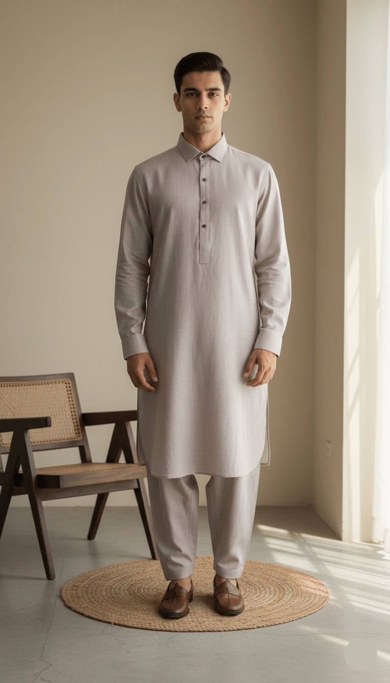 Men's Classic Taupe Grey Blended Kameez Shalwar 2-Piece Suit