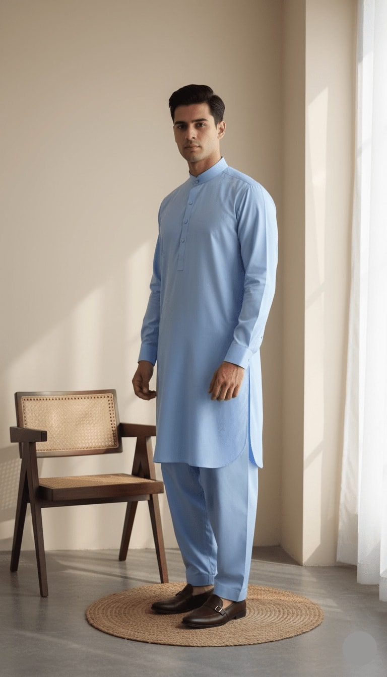Men's Classic Teal Blue Solid Kameez Shalwar 2-Piece Suit
