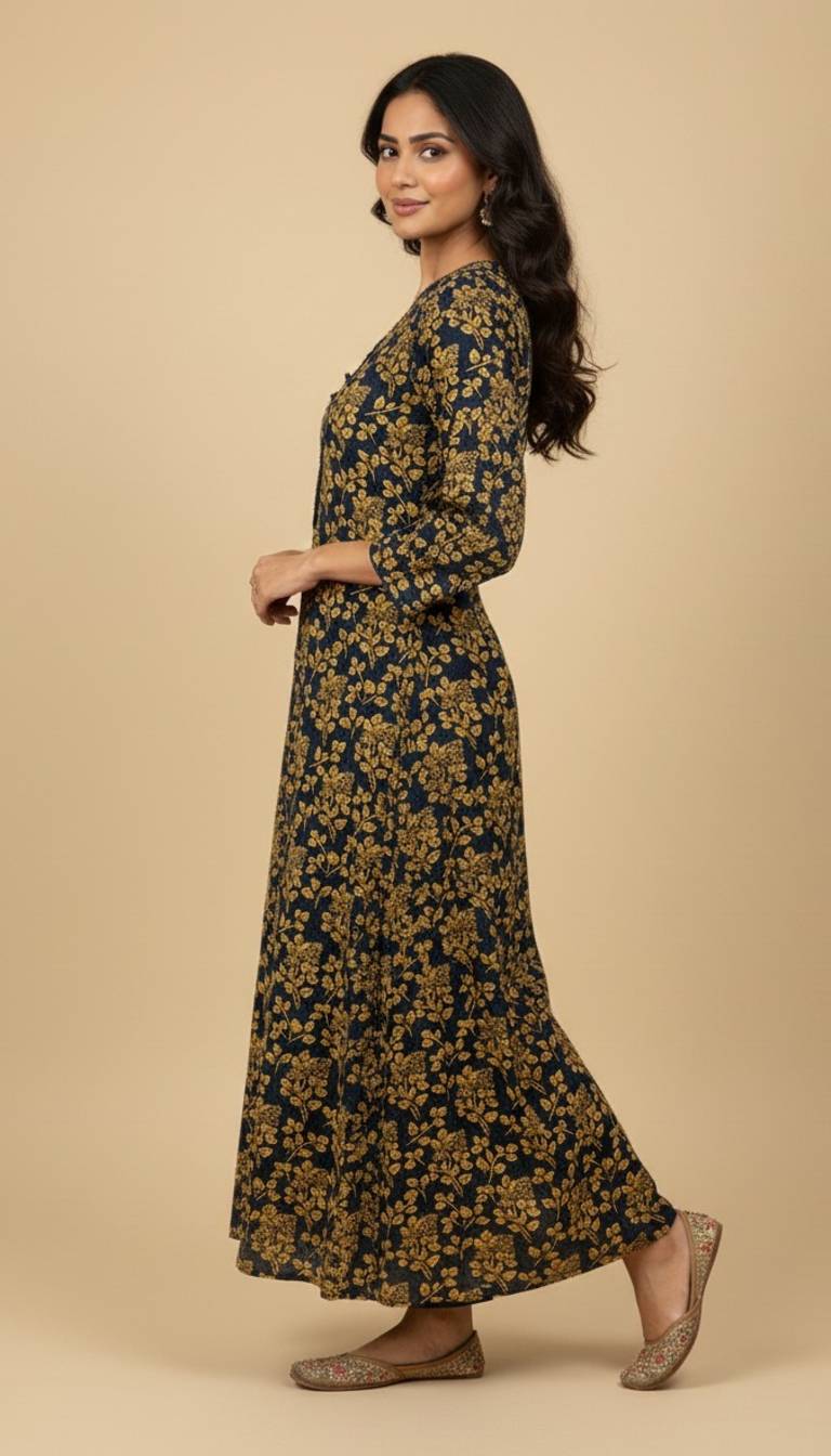 Navy Mustard Floral Khaddar Print 2PC Coord Suit | SuitsMeUK