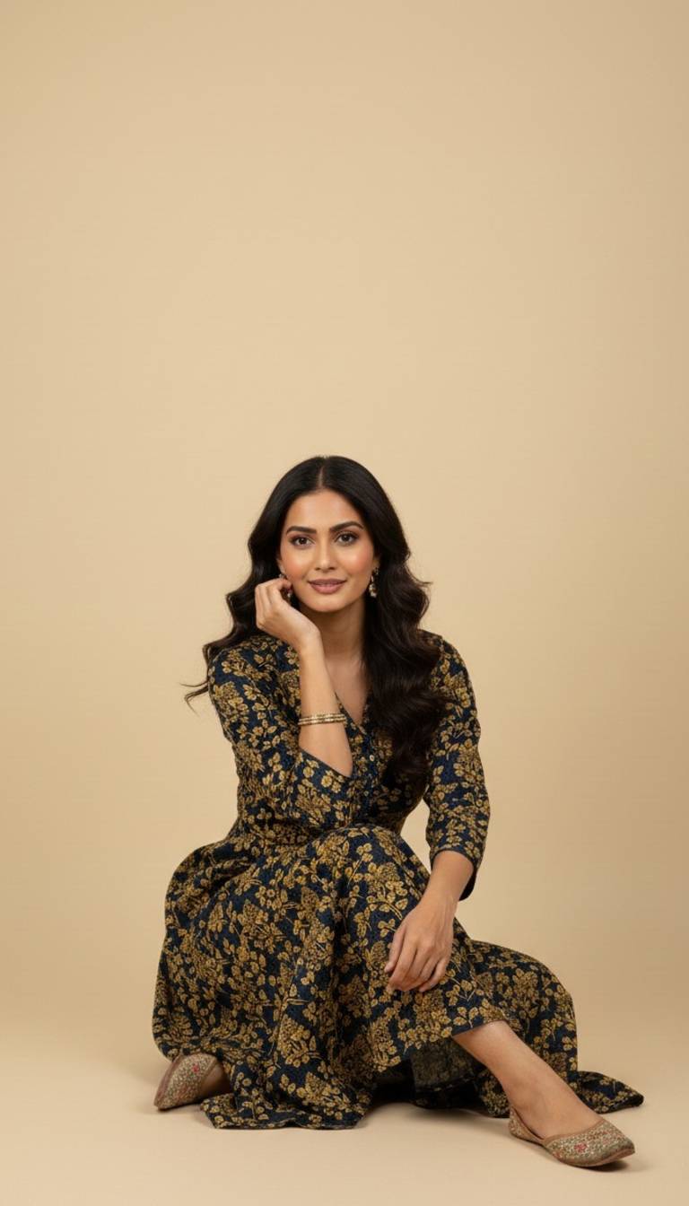 Navy Mustard Floral Khaddar Print 2PC Coord Suit | SuitsMeUK