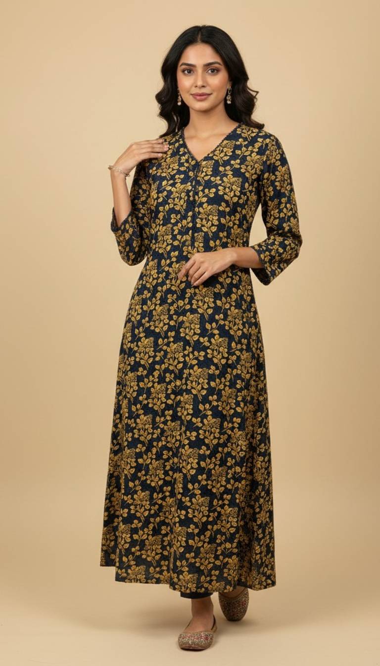 Navy Mustard Floral Khaddar Print 2PC Coord Suit | SuitsMeUK