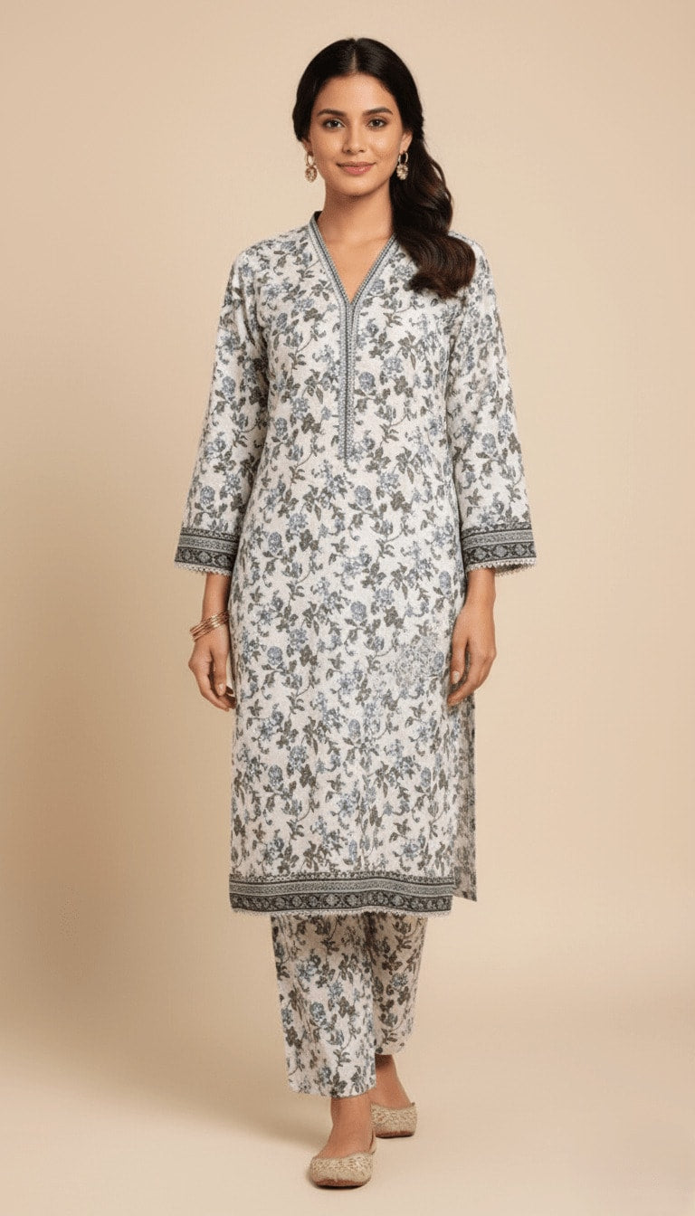 Binsaeed Off-White Floral Printed Khaddar 2-Piece Suit | SuitsMeUK