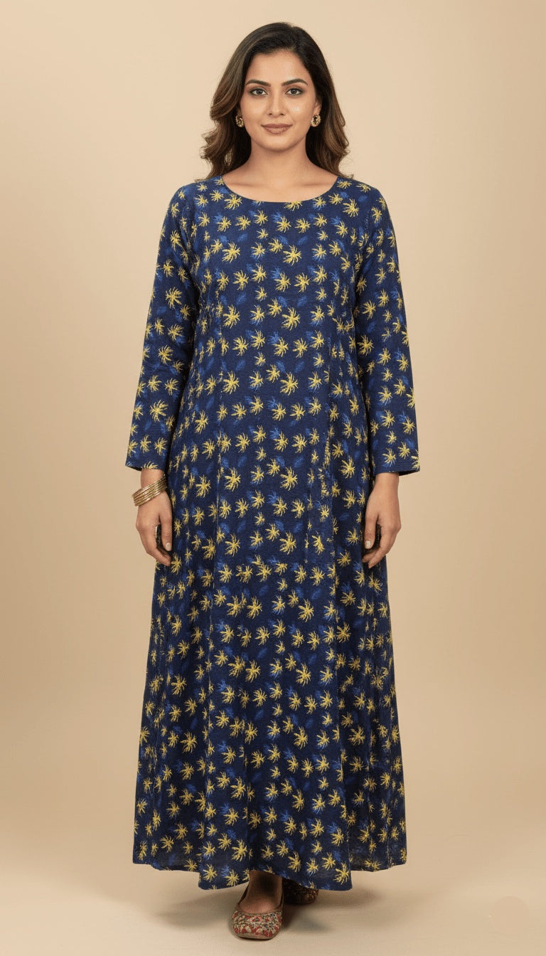 Navy Blue Linen Printed Maxi Dress Top Only