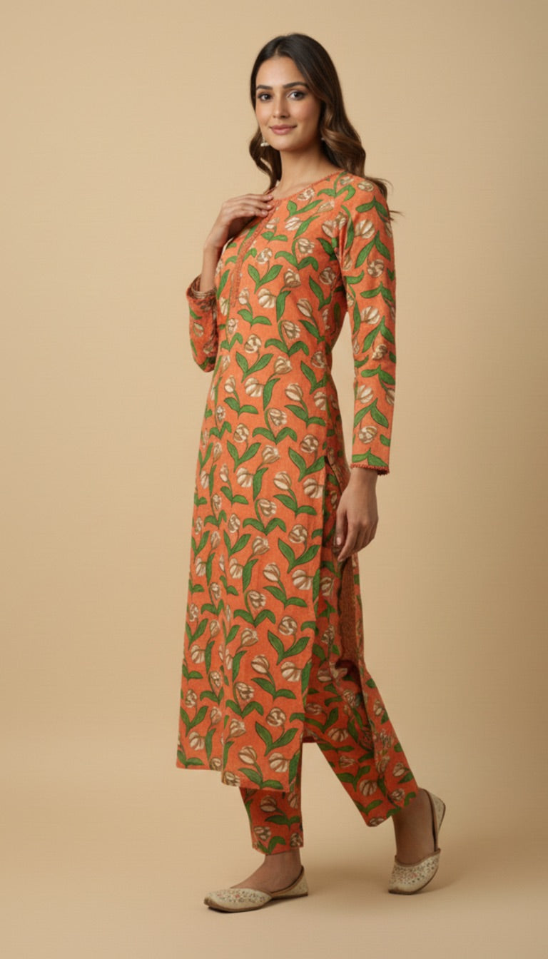 Orange Green Floral Tulip Khaddar 2PC Coord Suit | SuitsMeUK