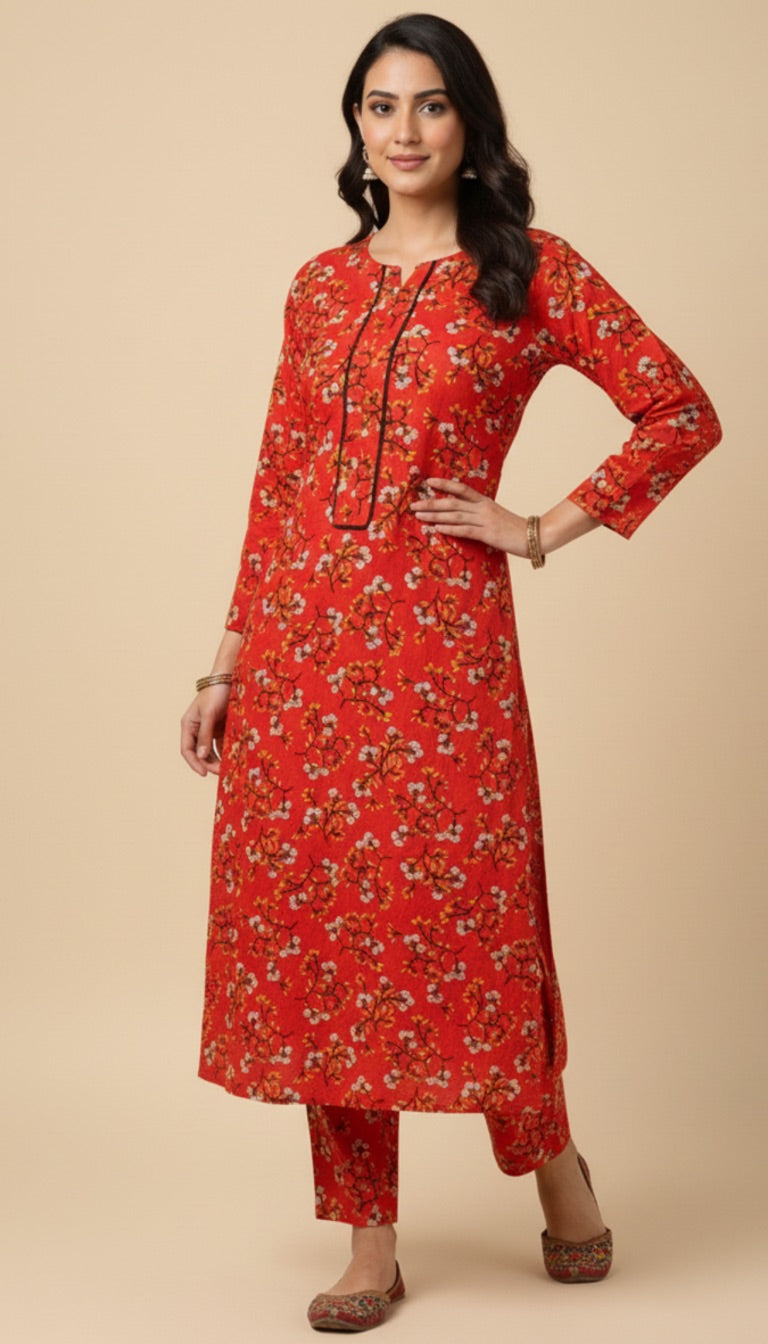 Red Floral Khaddar Print 2PC Winter Coord Suit | SuitsMeUK