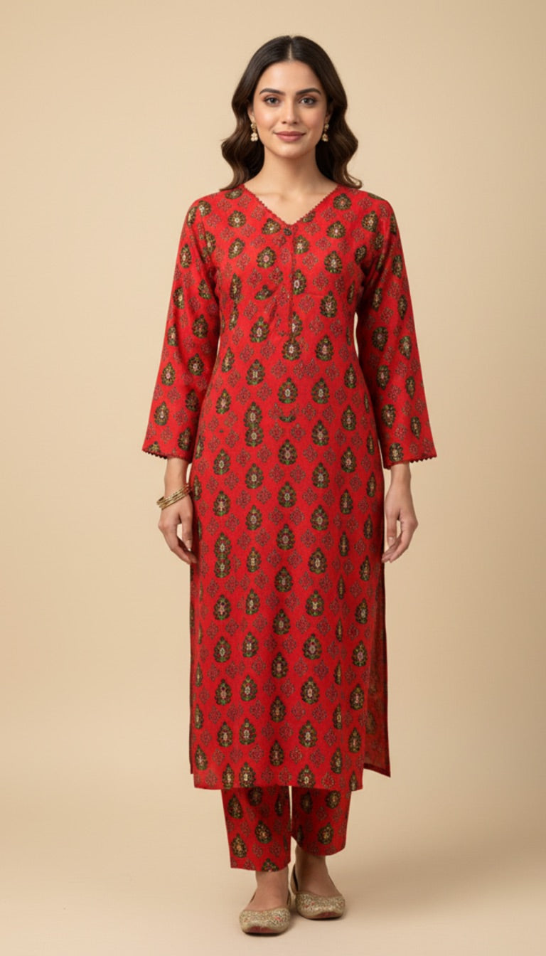 Red Gold Paisley Print Khaddar 2PC Coord Suit | SuitsMeUK