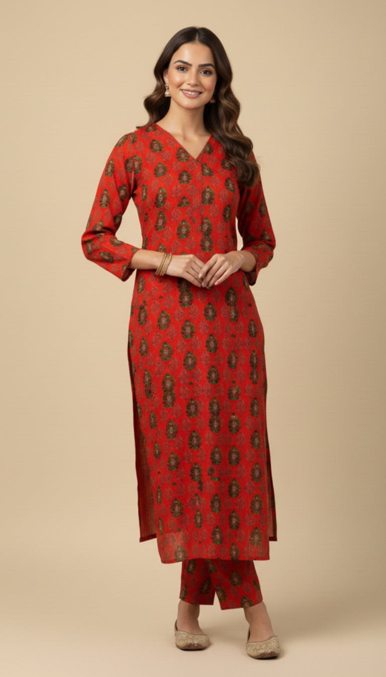 Red Gold Paisley Print Khaddar 2PC Coord Suit | SuitsMeUK