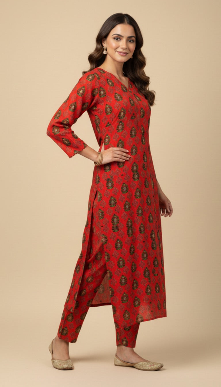 Red Gold Paisley Print Khaddar 2PC Coord Suit | SuitsMeUK