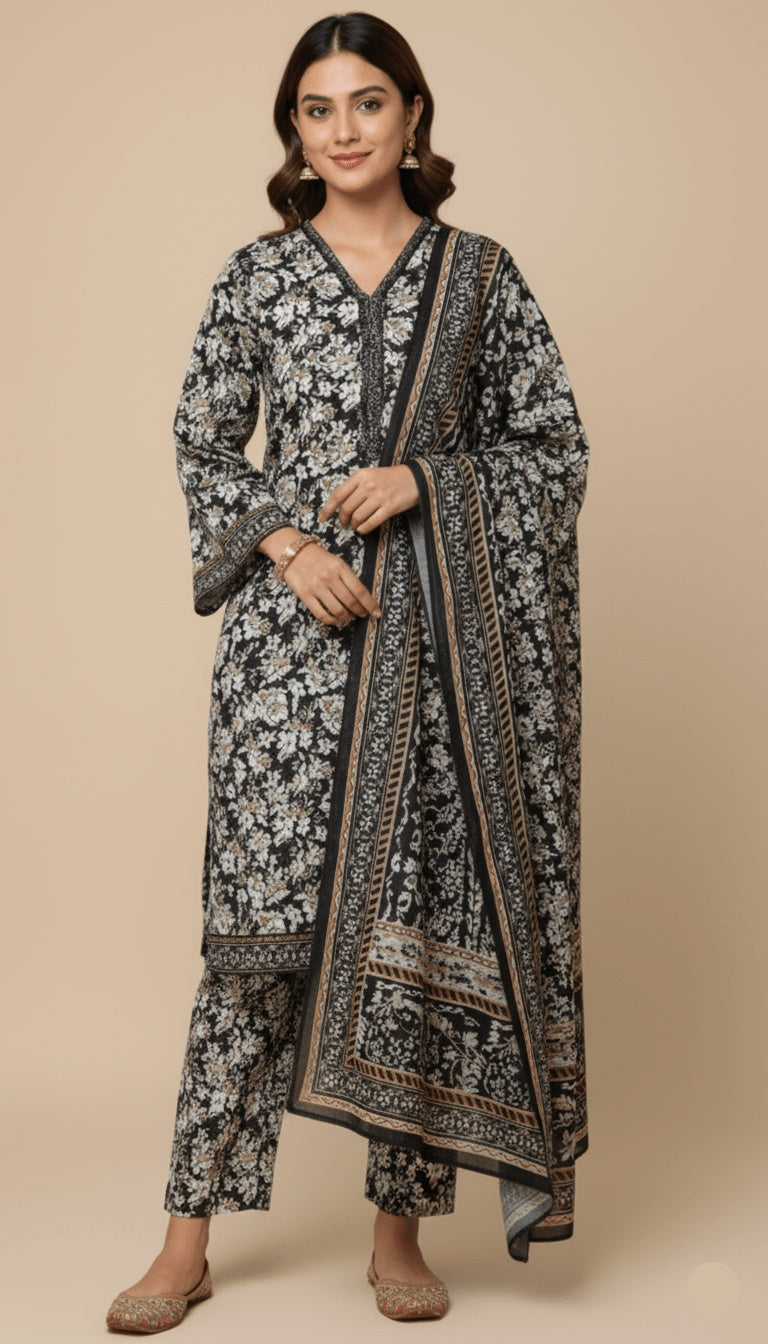 Binsaeed Three-Piece Black & White Floral Khaddar Digital Printed Suit