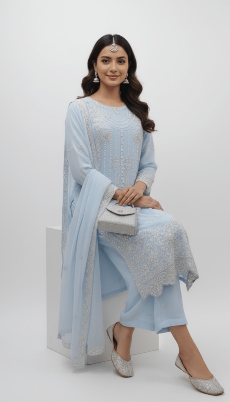 Sky Blue Pearl Embroidered Chiffon 3-Piece Plazo Suit
