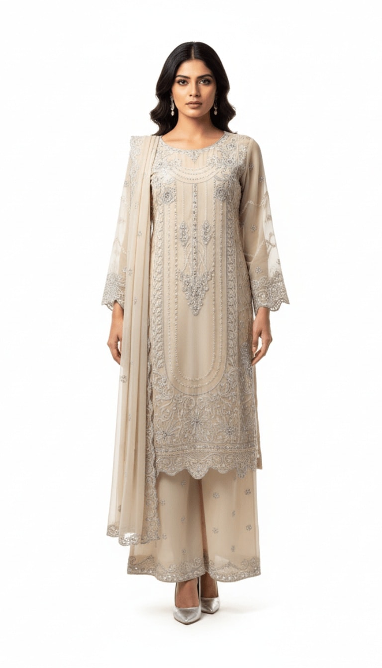Ivory Pearl Silver Embellished Chiffon 3-Piece Plazo Suit