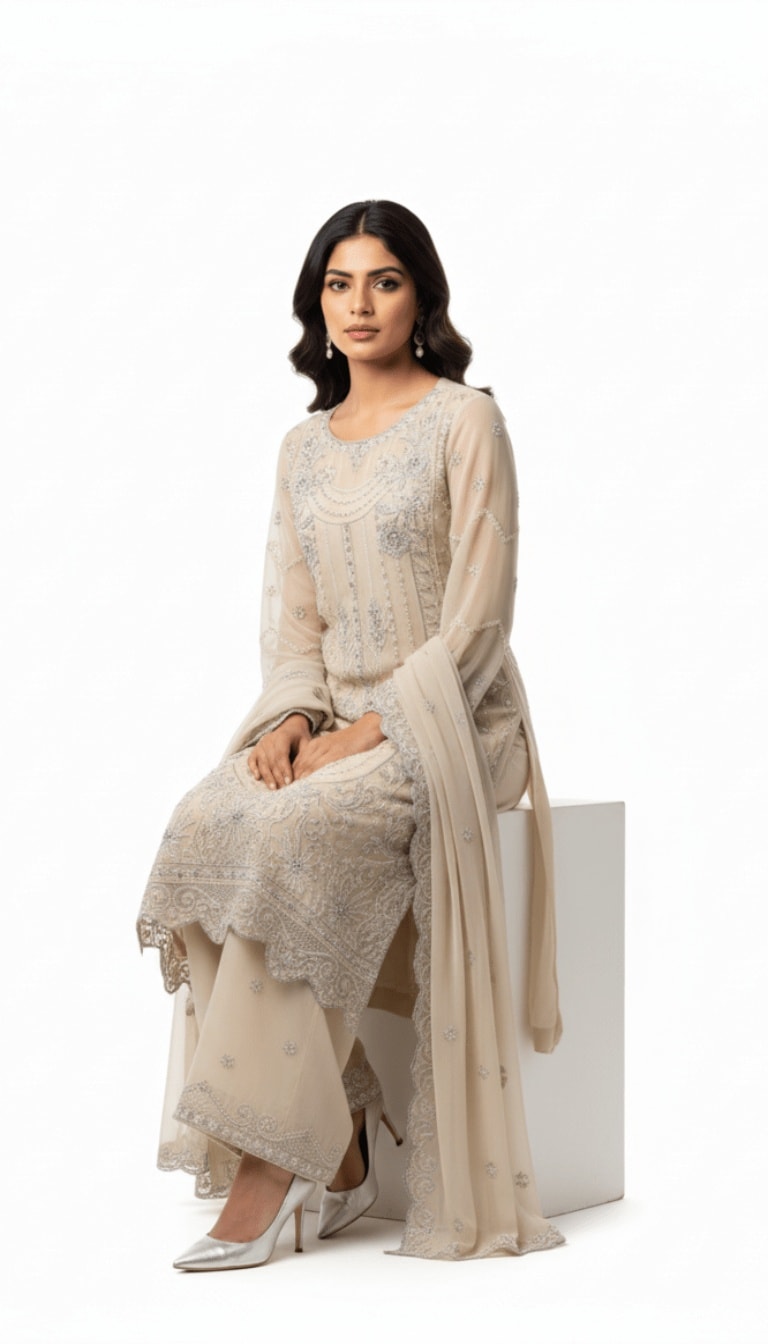 Ivory Pearl Silver Embellished Chiffon 3-Piece Plazo Suit