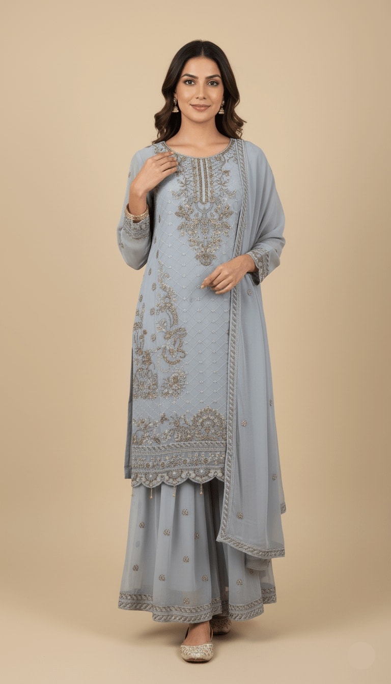 Silver Mist Gold Embroidered Chiffon 3-Piece Sharara Suit