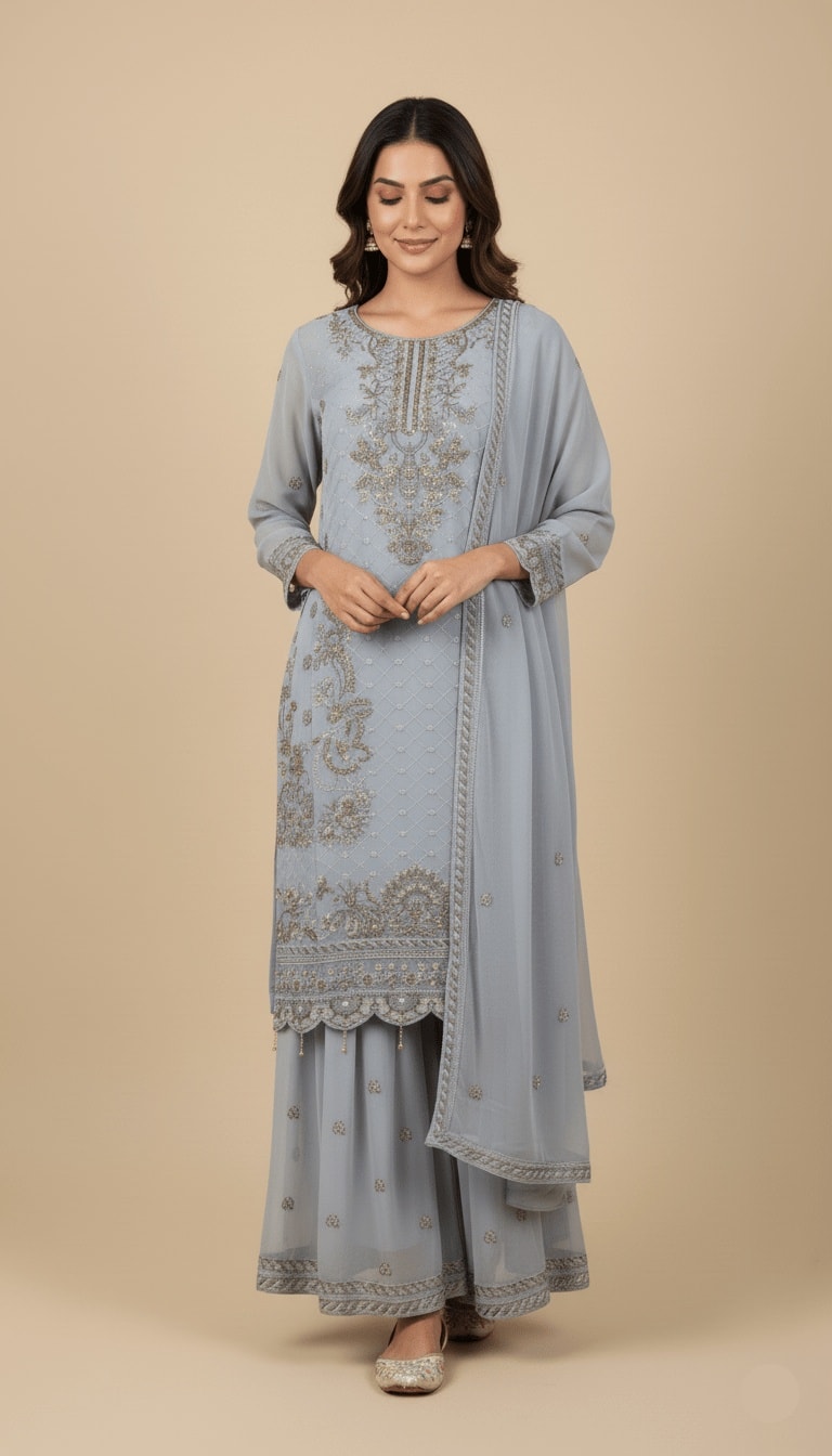 Silver Mist Gold Embroidered Chiffon 3-Piece Sharara Suit
