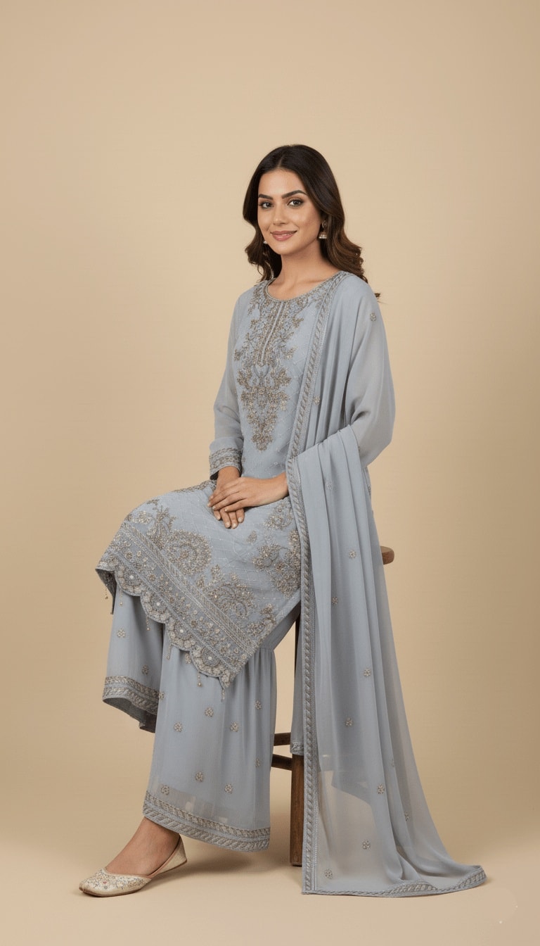 Silver Mist Gold Embroidered Chiffon 3-Piece Sharara Suit