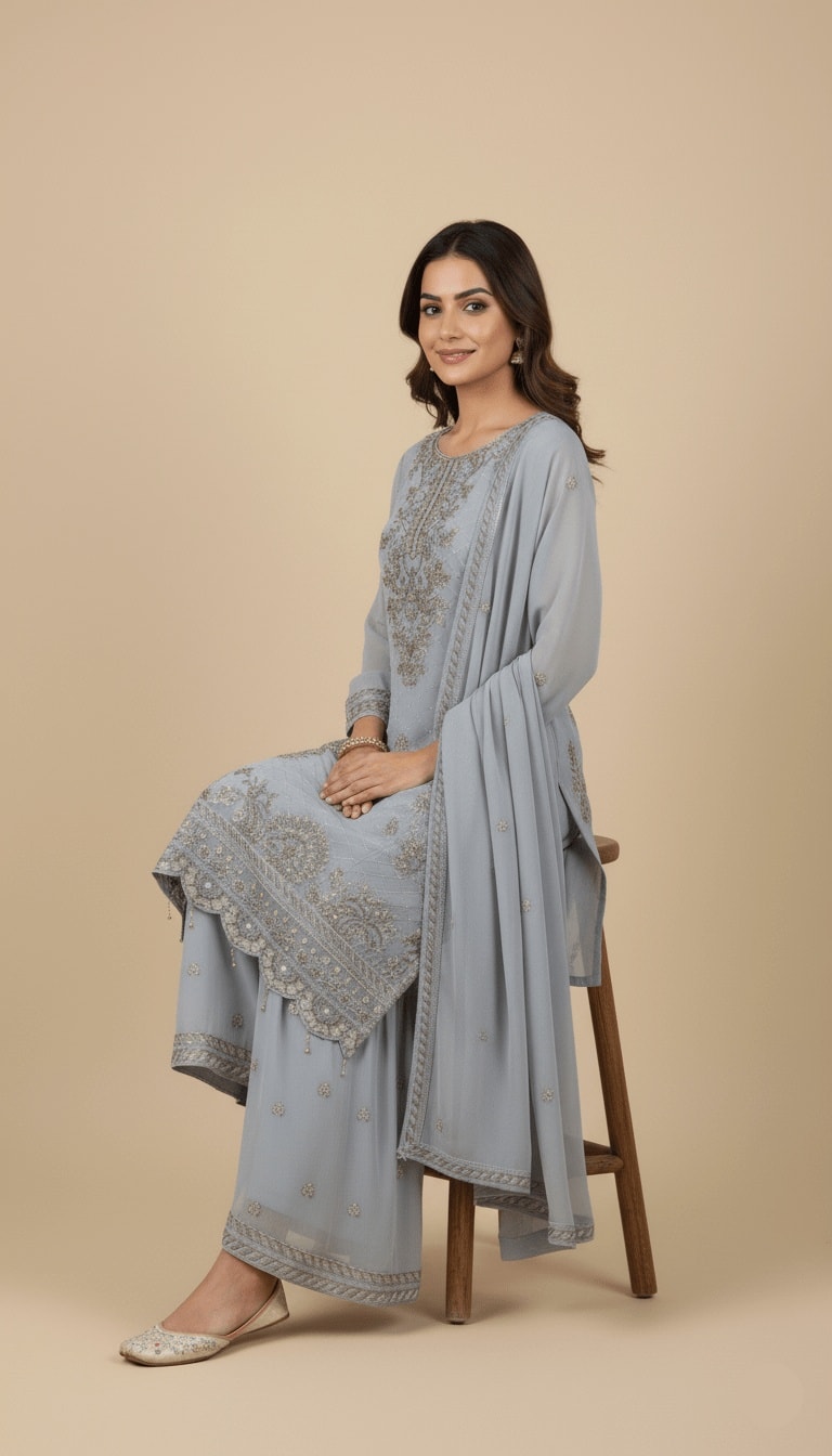 Silver Mist Gold Embroidered Chiffon 3-Piece Sharara Suit