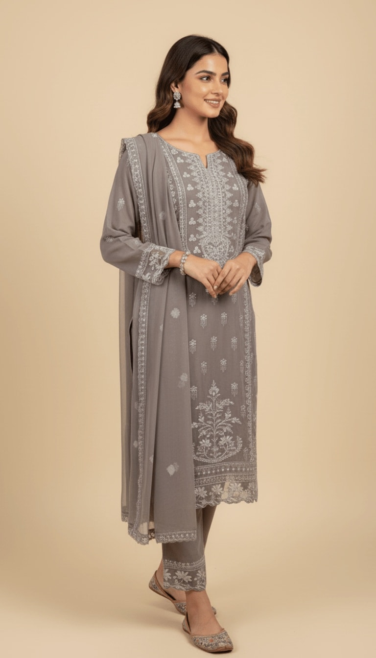 Storm Grey Embroidered Chiffon 3-Piece Trouser Suit