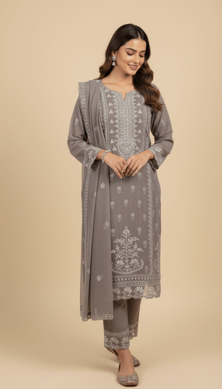 Storm Grey Embroidered Chiffon 3-Piece Trouser Suit