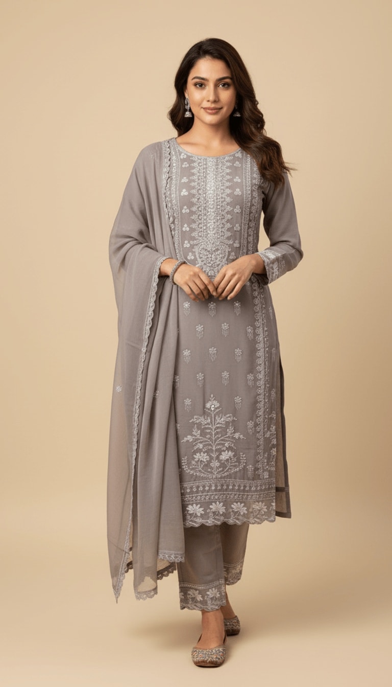 Storm Grey Embroidered Chiffon 3-Piece Trouser Suit