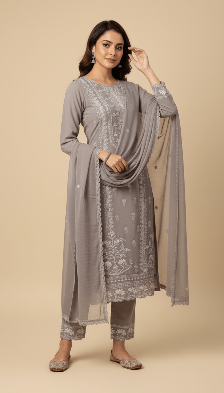 Storm Grey Embroidered Chiffon 3-Piece Trouser Suit