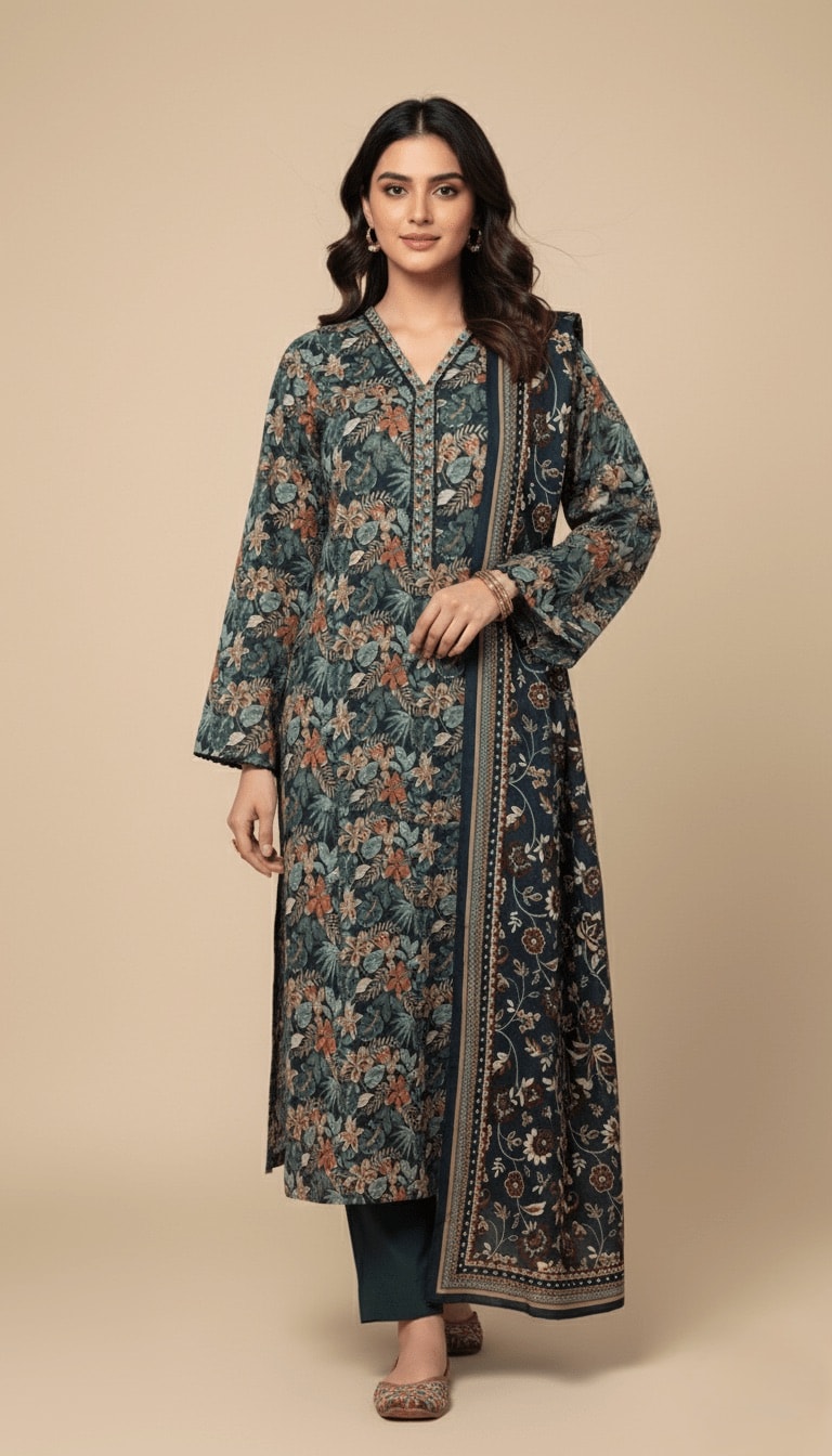 Binsaeed Teal Green Rust Floral Print Khaddar 3PC Suit with Shawl | SuitsMeUK