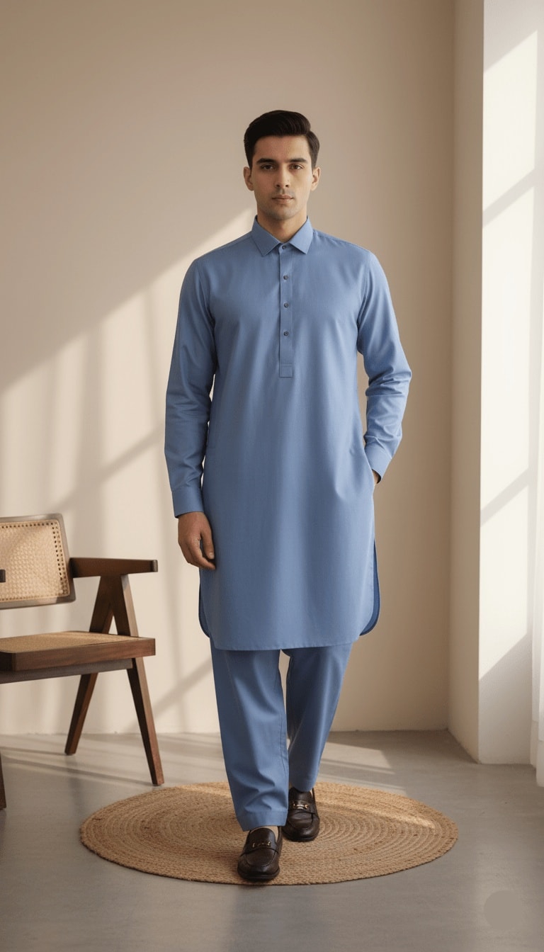 Men's Classic Sky Blue Solid Kameez Shalwar 2-Piece Suit