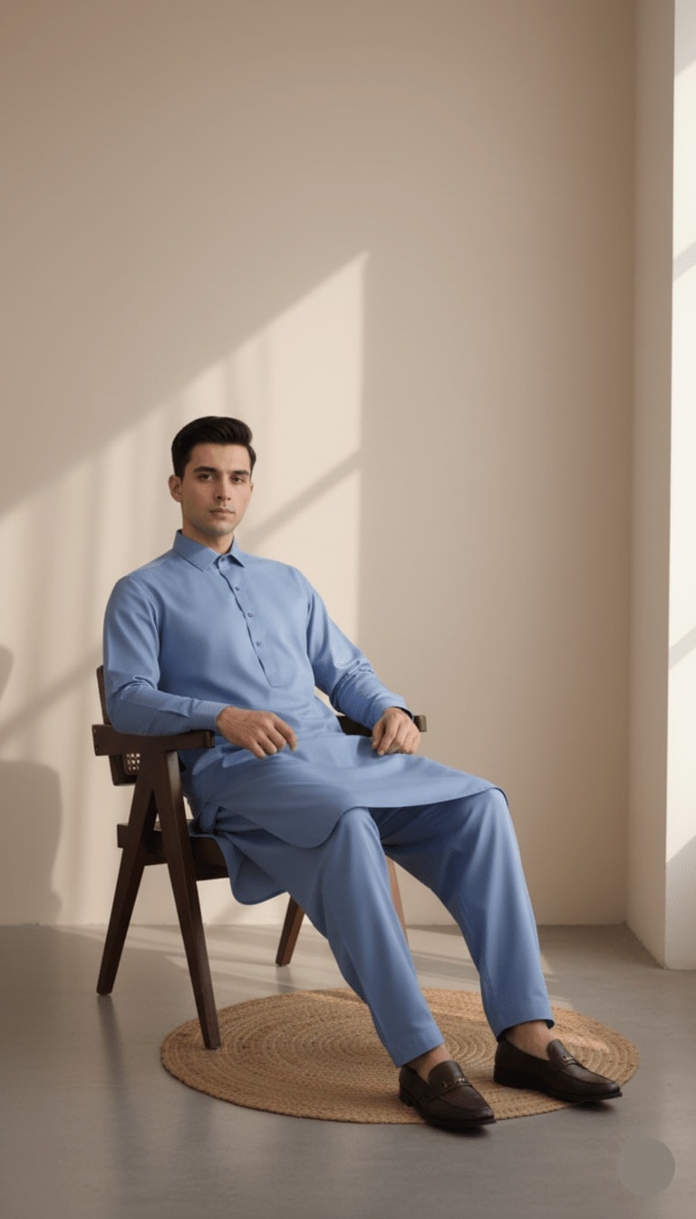 Men's Classic Sky Blue Solid Kameez Shalwar 2-Piece Suit