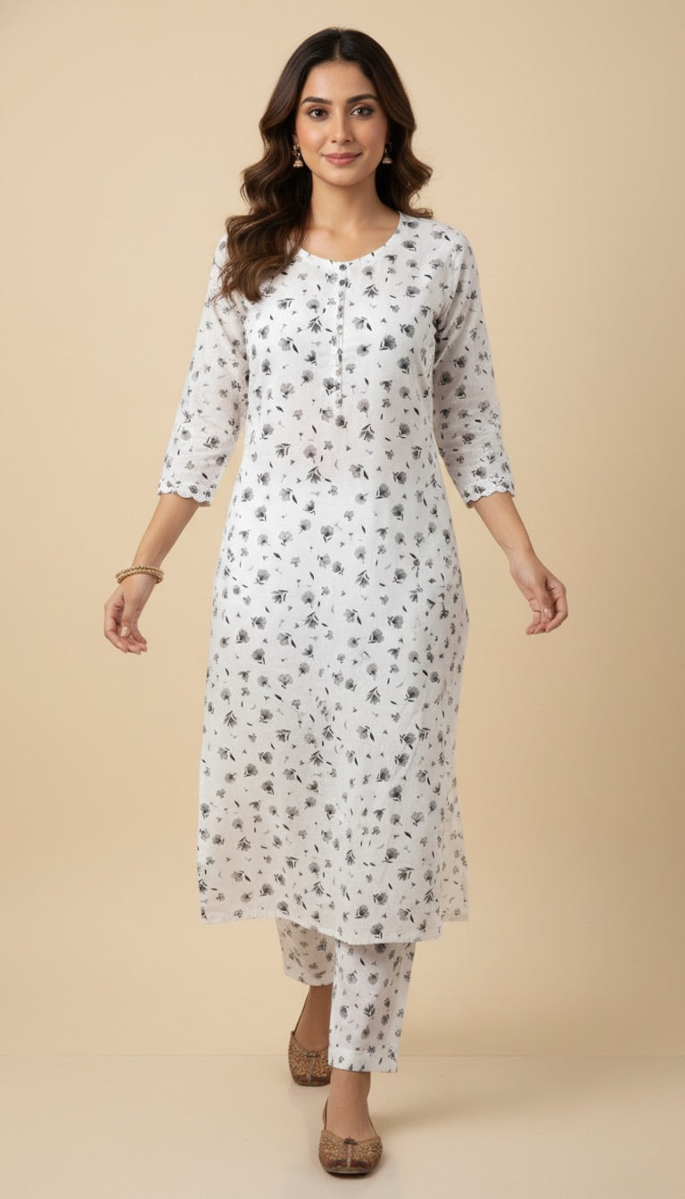 White & Grey Small Floral Print Cotton 2-Piece Coord Suit | SuitsMeUK