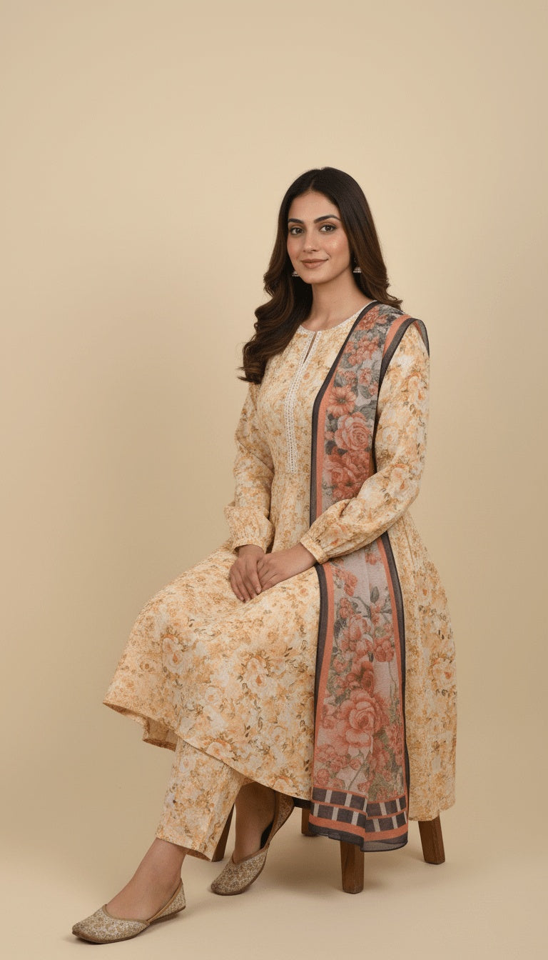 Peach Dawn 3-Piece Printed Lawn Anarkali Suit
