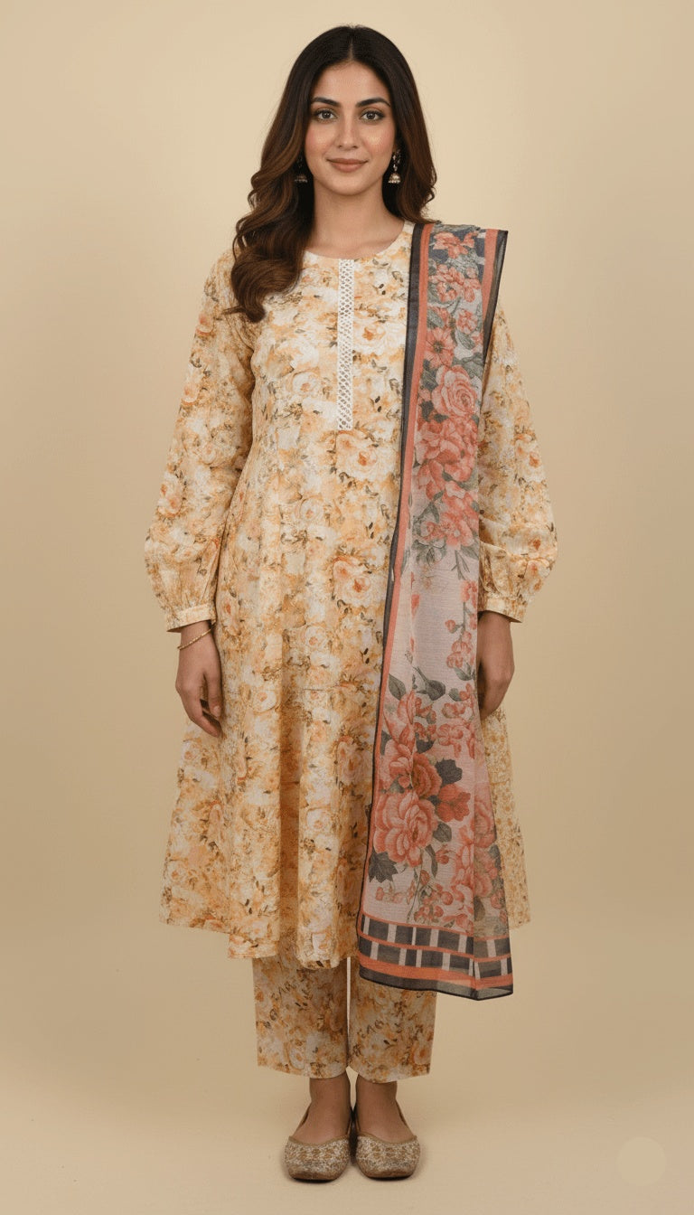 Peach Dawn 3-Piece Printed Lawn Anarkali Suit