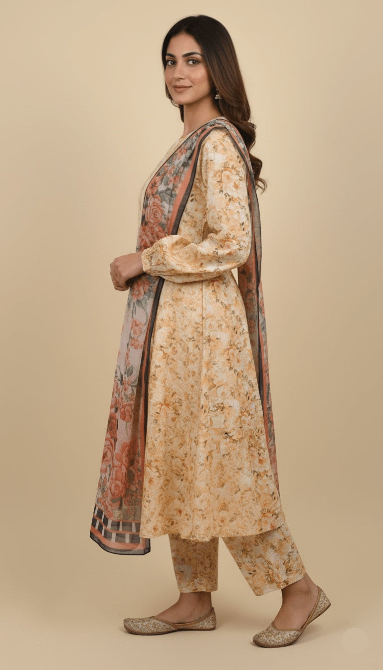 Peach Dawn 3-Piece Printed Lawn Anarkali Suit