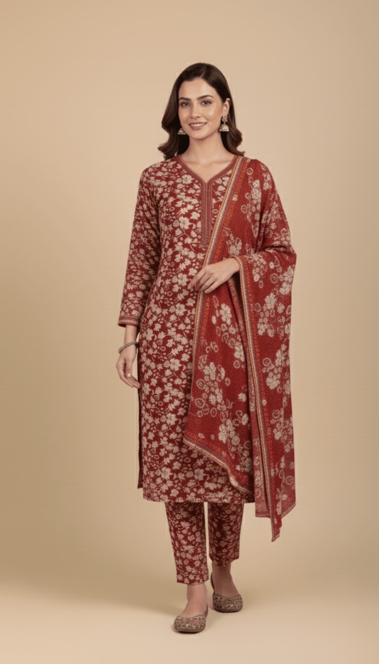 Binsaeed Three-Piece Khaddar Printed Crimson Floral Suit
