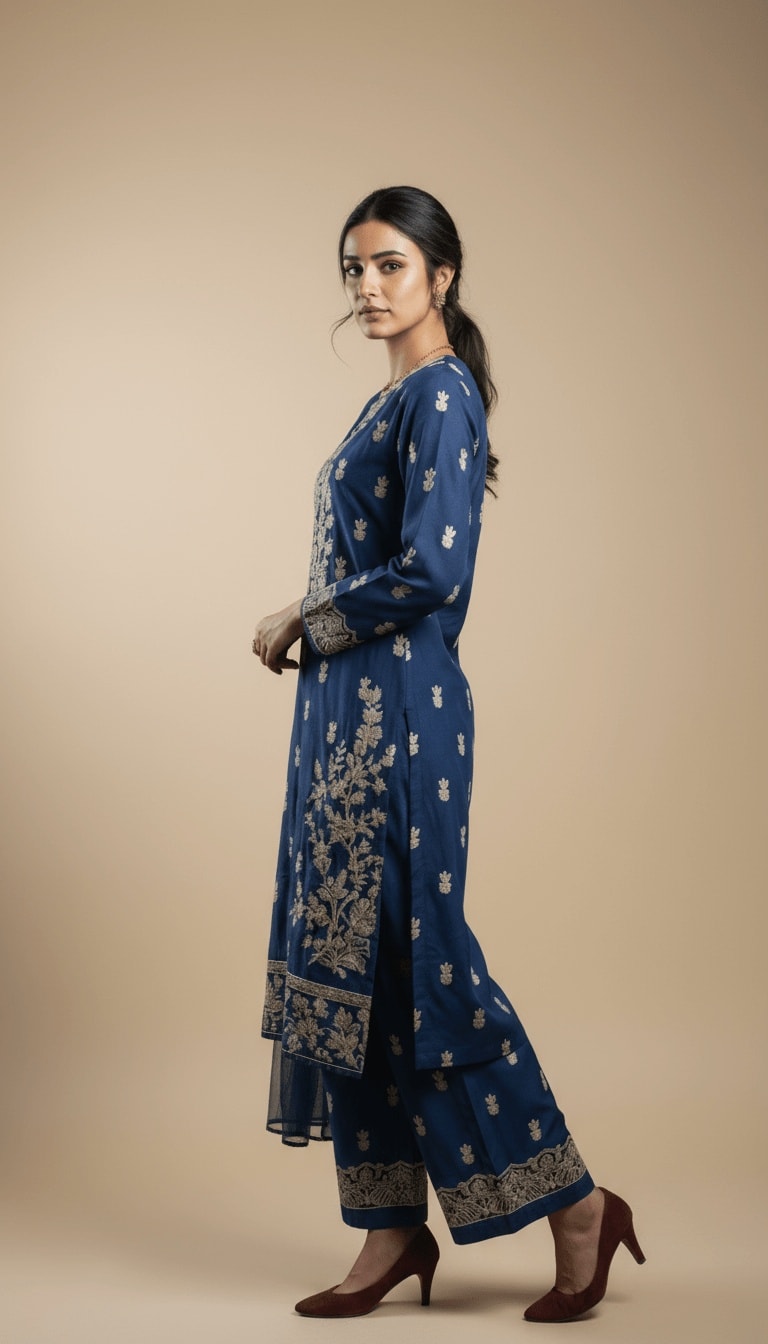 Zahra Navy Blue Linen Embroidered Kurta & Plazo Suit
