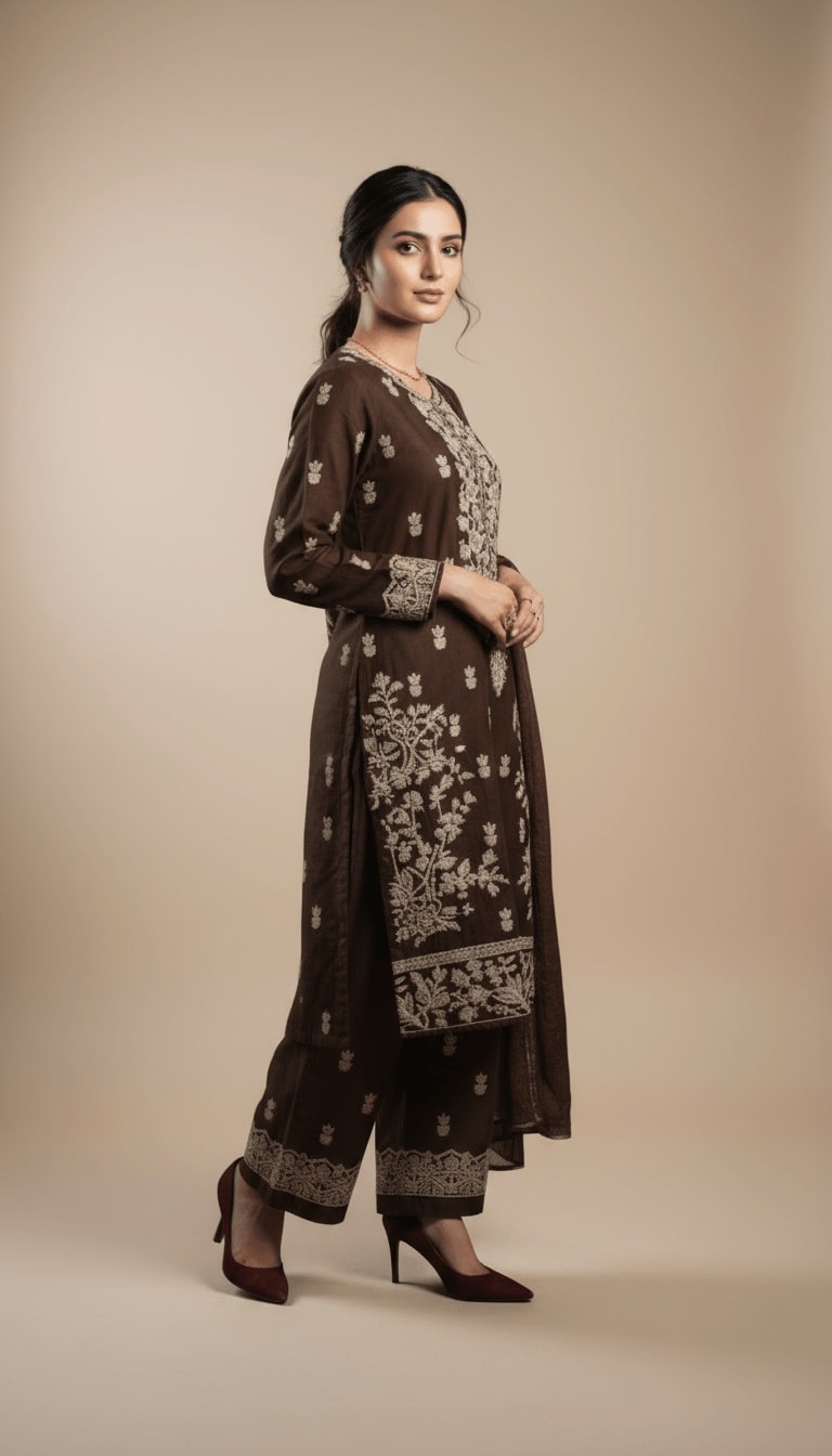 Farah Mocha Brown Linen Embroidered Kurta & Plazo Suit