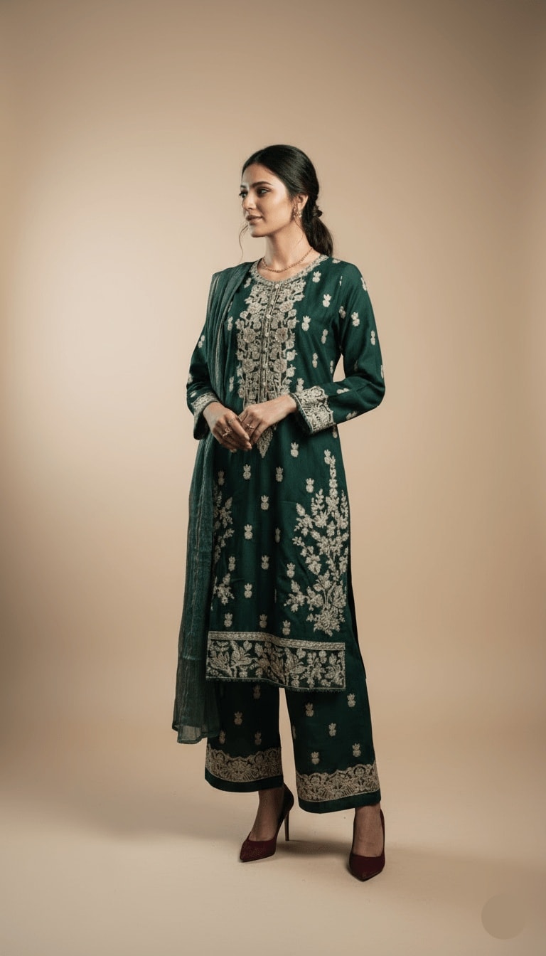 Nooril Emerald Green Linen Embroidered Kurta & Plazo Suit