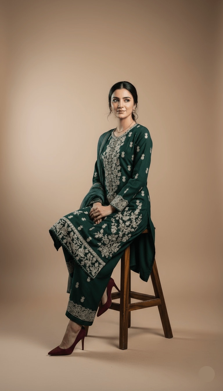 Nooril Emerald Green Linen Embroidered Kurta & Plazo Suit